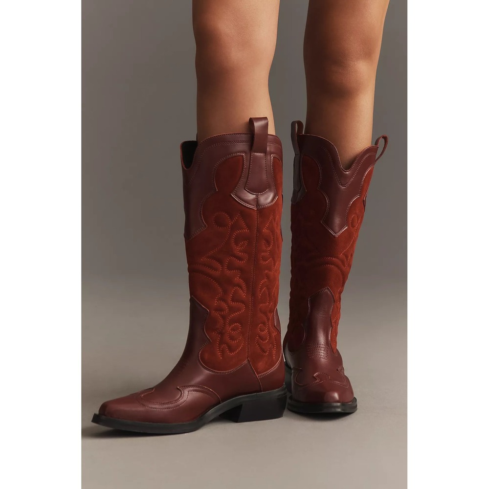 NWT Pilcro Anthropologie Western Red Cowboy Boots EU 39 Leather Suede $280 - Picture 3 of 16